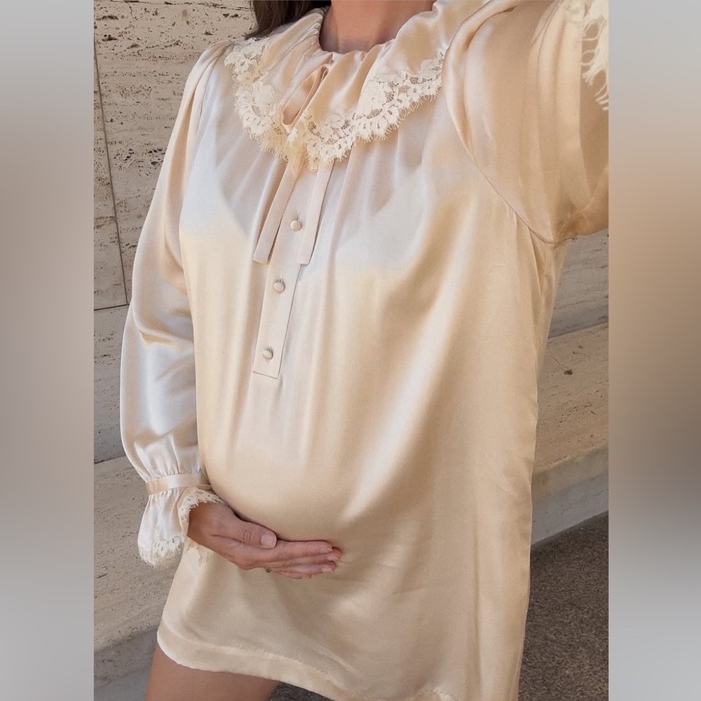 NWT Doen Leyah Silk Lace Ruffle Collar Long Sleeve Mini Dress Candlelight Cream